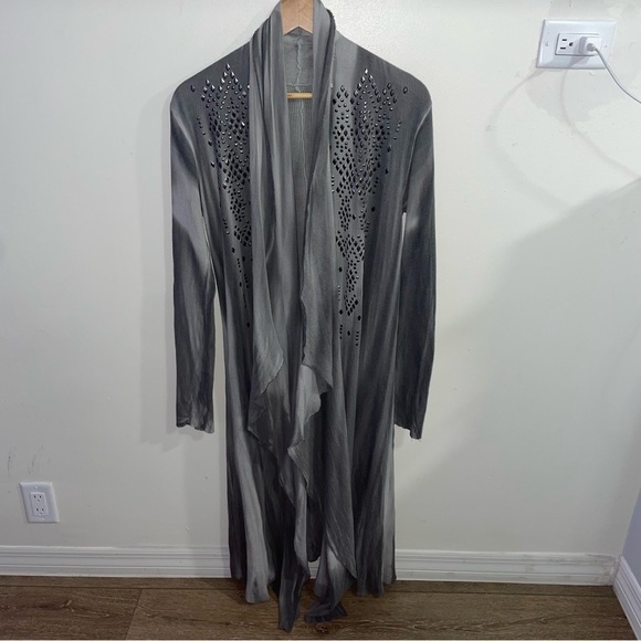 Cardigan Studded Long Sleeve Draped Long Asymmetric Gray Fall Cardigan Size M - Picture 1 of 5